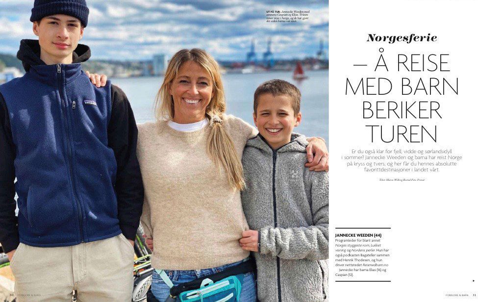 Jannecke Weden med familien på tur i magasinet Foreldre og Barn.